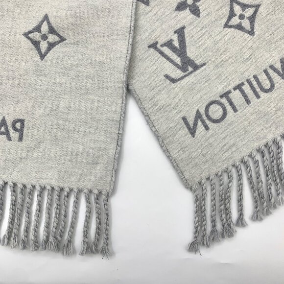 Louis Vuitton Grey Monogram Wool Fringe Scarf - Picture 8 of 9